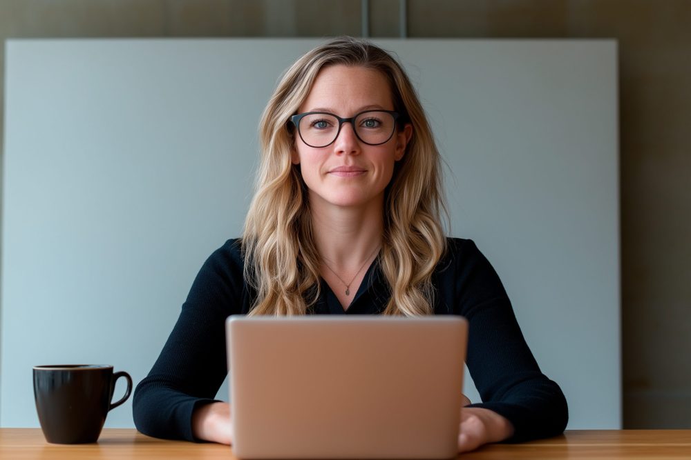 Confident Canadian woman enters vibrant coworking space, sipping coffee near laptop. Businesswoman exudes drive, businesswoman radiates success, businesswoman inspires innovation.