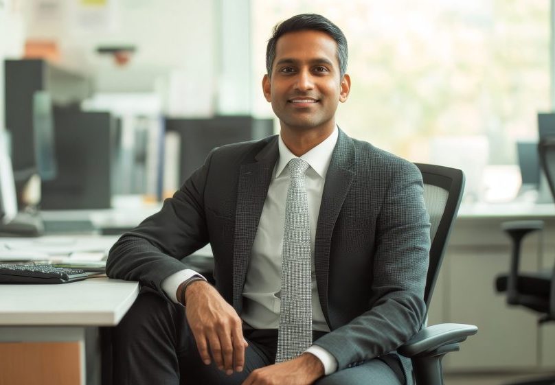 Confident Indian-Canadian Businessman in Clean Modern Workspace Exudes Professionalism