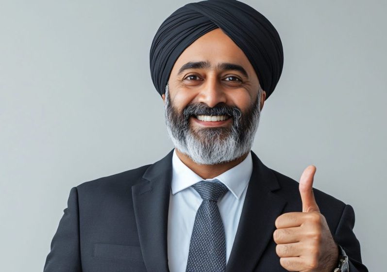 Smiling Indian Businessman in Turban Giving Thumbs Up